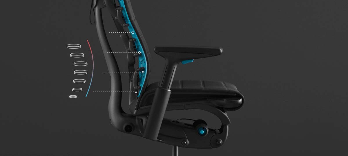 Animation zur PostureFit Wirbelsäulen-Unterstützung des Embody Gaming-Stuhls, über einem Foto des Stuhls vor einem schwarzen Hintergrund.