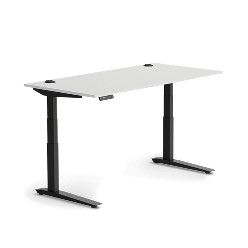 Sitz-Steh-Gaming-Schreibtisch Jarvis mit weißer Tischplatte und schwarzen Beinen.