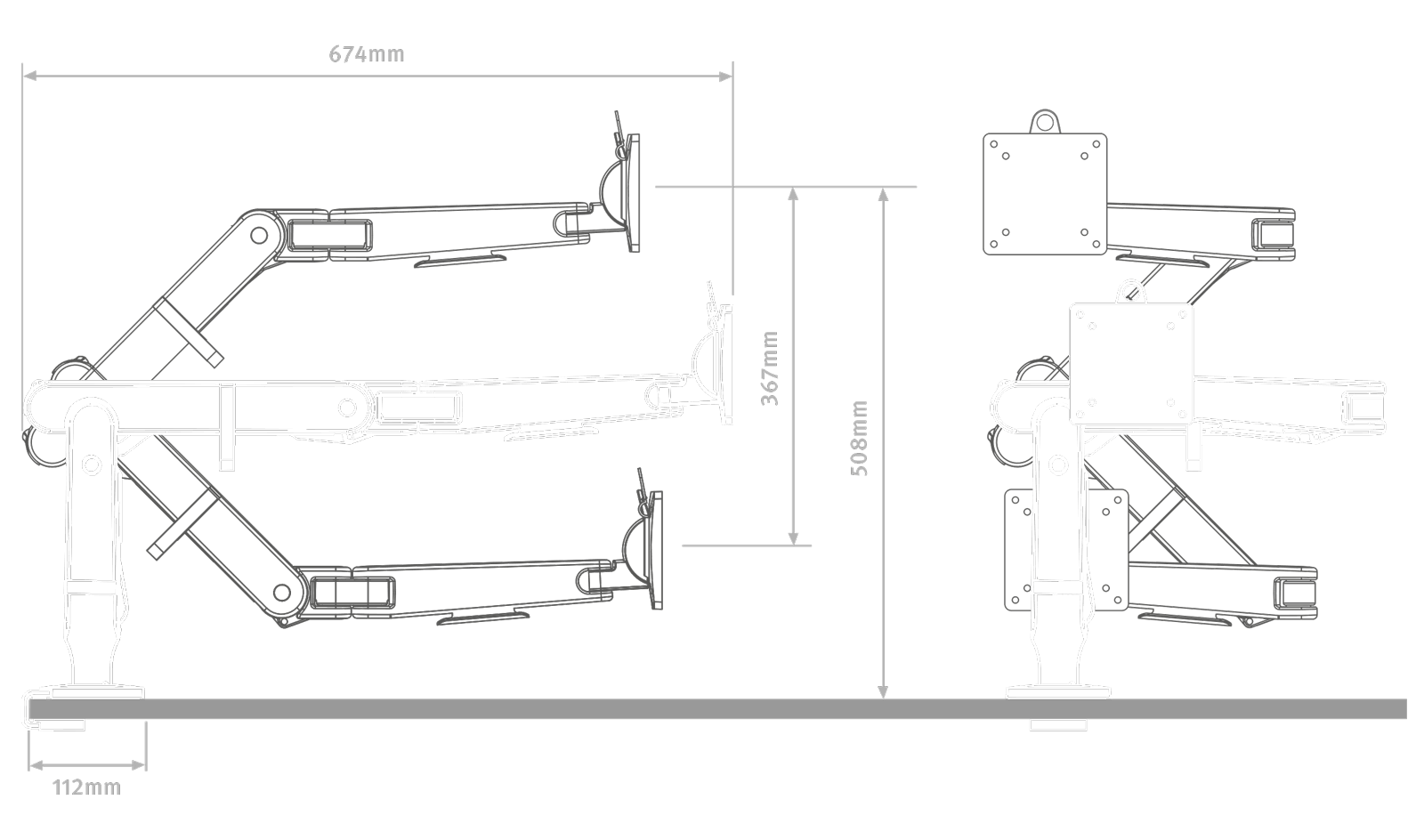 Zeichnung des Ollin Monitorarms in Weiß auf einem schwarzen Hintergrund, die die Höhenmaße darstellt.