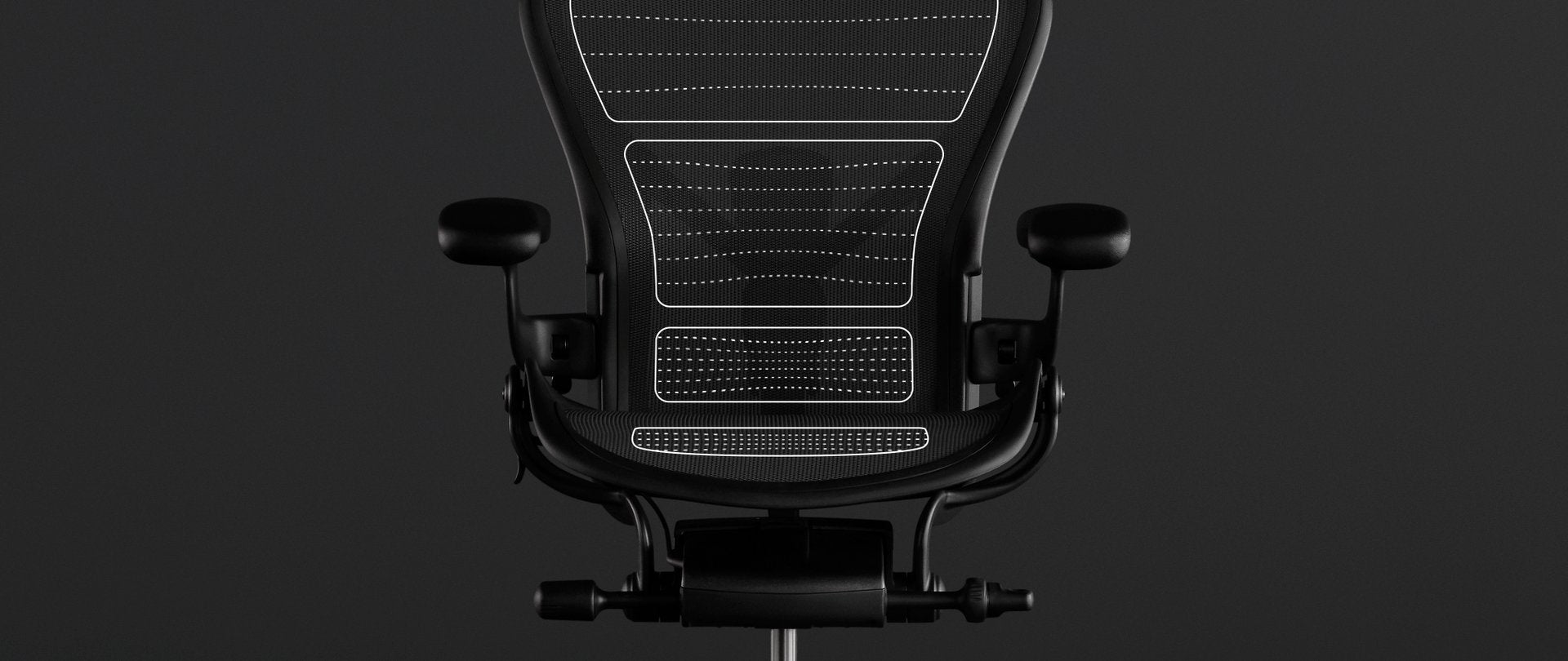 Animation vor einem Foto des Aeron Stuhls in Schwarz zeigt die ergonomischen Vorteile von 8Z Pellicle, dem Membranmaterial des Stuhls.