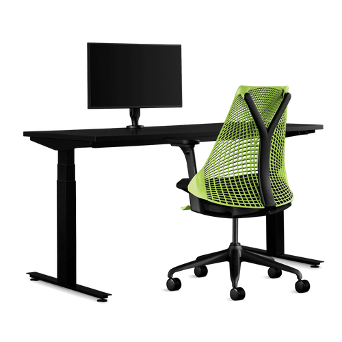 Herman Miller Gaming-Bundle mit Nevi-Schreibtisch, Ollin-Monitorarm und einem Sayl-Stuhl in Neongrün