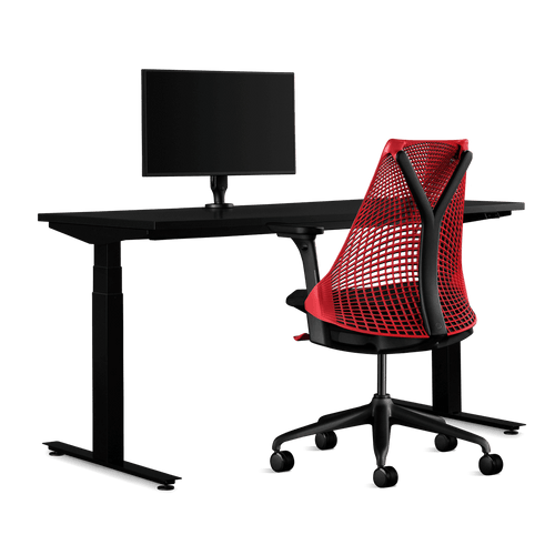 Herman Miller Gaming-Bundle, einschließlich Nevi-Schreibtisch, Ollin-Monitorarm und einem Sayl-Stuhl in Rot.