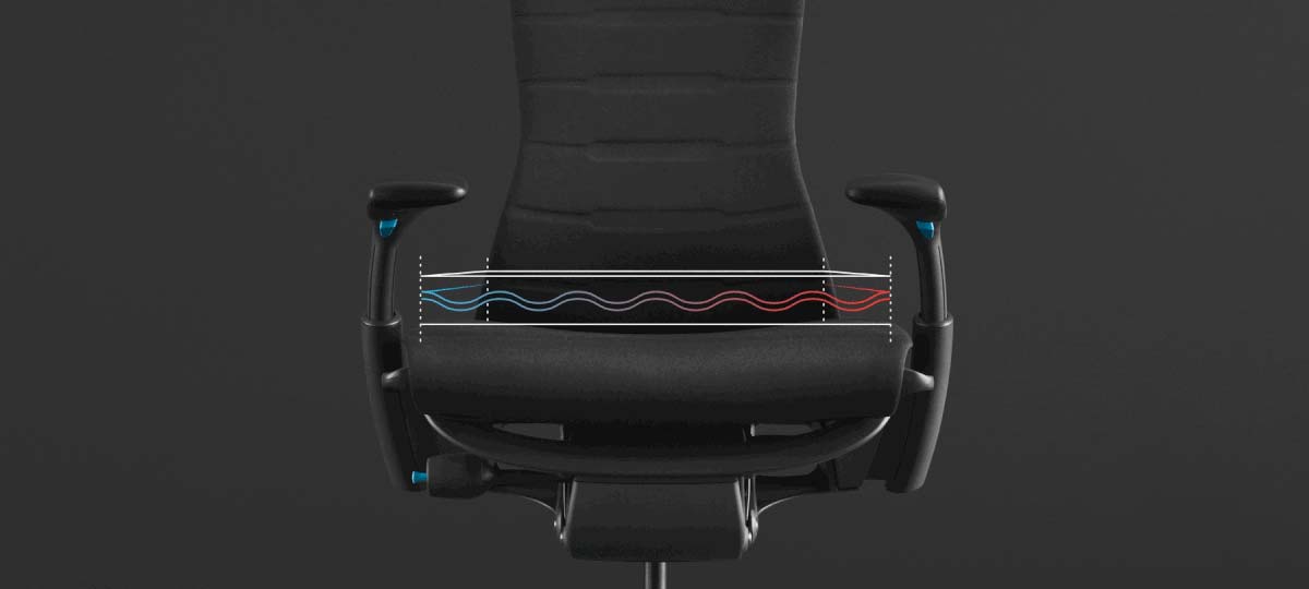 Animation zu dem neuen Kühlschaum im Sitz des Embody Gaming-Stuhls, über einem Foto des Stuhls vor einem schwarzen Hintergrund.