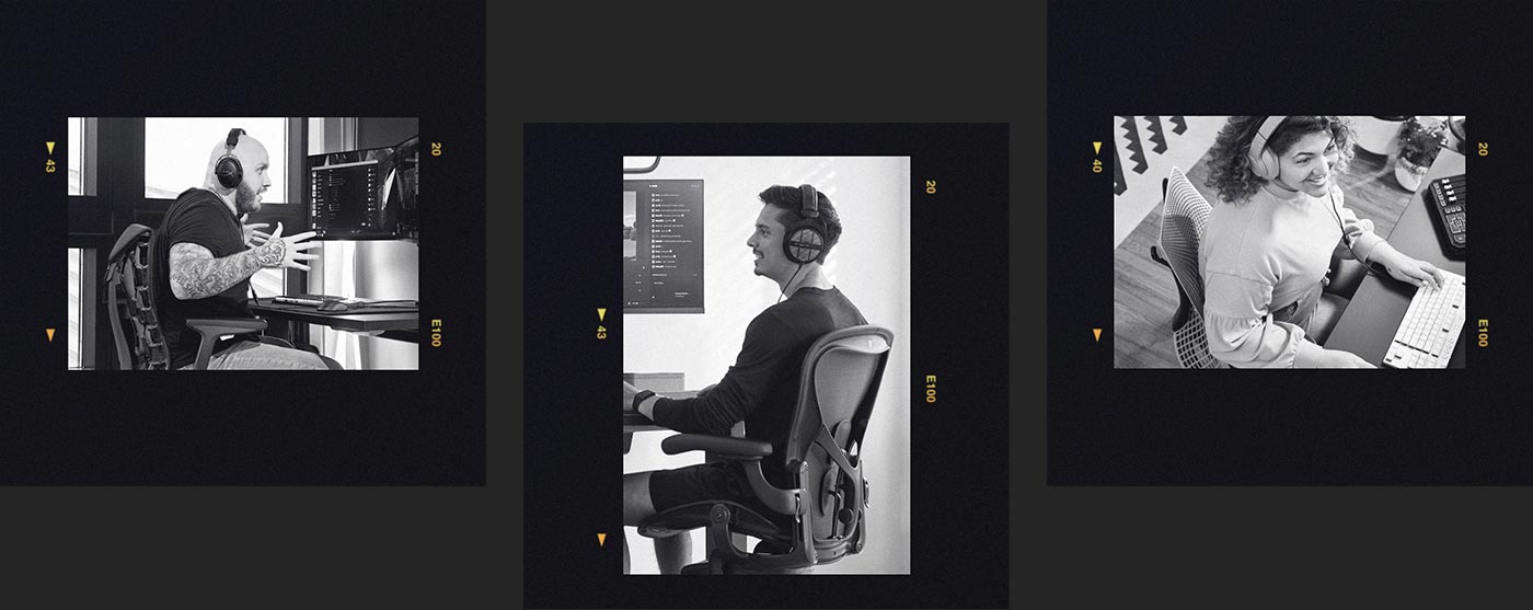  Eine Schwarz-Weiß-Fotokollage zeigt drei Spieler an ihren Gaming-Setups mit Embody- und Sayl Gaming-Stühlen.