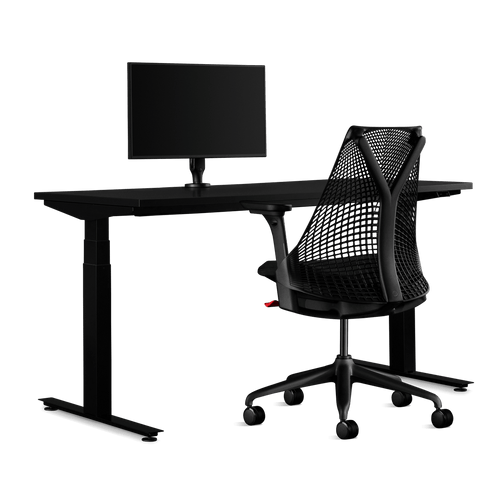 Herman Miller Gaming-Bundle, einschließlich Nevi-Schreibtisch, Ollin-Monitorarm und einem Sayl-Stuhl in Schwarz.
