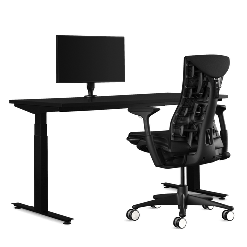 Rückansicht eines schwarzen Logitech G Embody Gaming-Stuhls von Herman Miller mit Nevi-Schreibtisch und Ollin-Monitorarm.