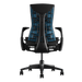 Ein Embody Gaming-Stuhl, von hinten betrachtet, dessen cyanblaue Rückenlehne sich vom schwarzen Hintergrund abhebt.