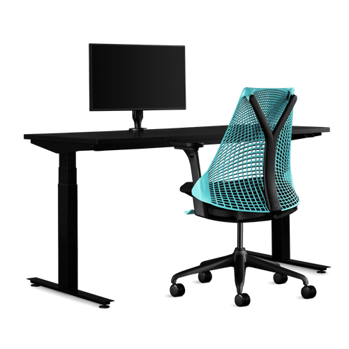 Herman Miller Gaming-Bundle, einschließlich Nevi-Schreibtisch, Ollin-Monitorarm und Sayl-Stuhl in Ozeantiefblau